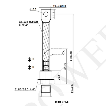 MSD403N18M M18, Rectifier Diode 400 Amp, 1800V, M18 x 1.5, Cathode stud