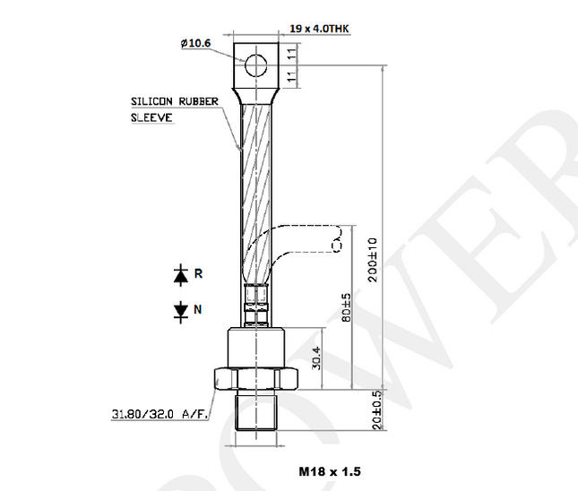 MSD403R18M M18, Rectifier Diode 400 Amp, 1800V, M18 x 1.5, Anode stud