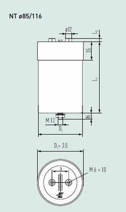 E50.R23-225NT1 2190uF 900VDC, DC Link, 90Amp, H:230mm x D:116mm, M12 Mounting Stud, M6 Terminals