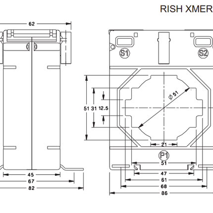 Rish Xmer 86-60 (45) 1250/1 Class 1 20VA, ⌀ 51mm or 61 x 12mm Busbar
