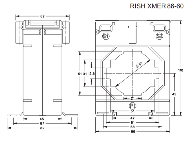 Rish Xmer 86-60 (45) 1250/1 Class 1 20VA, ⌀ 51mm or 61 x 12mm Busbar