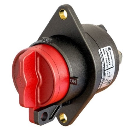 HVBD4AXR Rev J, Hermetic Battery Switch with Red Handle, SPST 1 x 400 Amp 1000VDC, Flange Mount 70mm Wide, M10 Terminations, OHSA (LOTO)