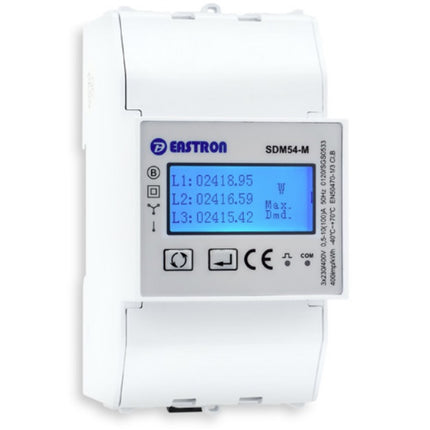 SDM54-MODBUS-MID, Ultra Compact DIN Rail Mount kWh Meter, 3 Phase, 500VAC L-L, Class 1, 100 Amp Direct Connect input, w/ 2 x Configurable Pulse Outputs and RS485 Comms, MID Approved. Built for EV Chargers