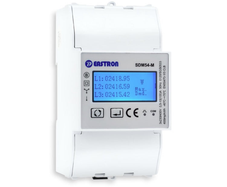 SDM54-MODBUS-MID, Ultra Compact DIN Rail Mount kWh Meter, 3 Phase, 500VAC L-L, Class 1, 100 Amp Direct Connect input, w/ 2 x Configurable Pulse Outputs and RS485 Comms, MID Approved. Built for EV Chargers
