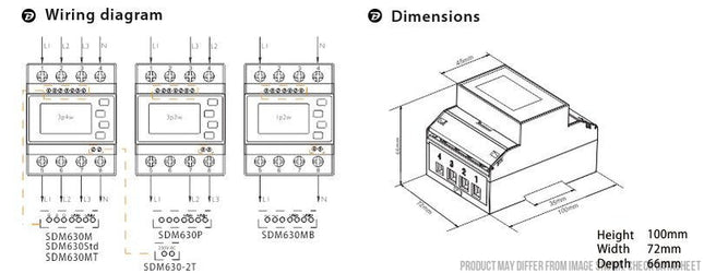 SDM72D-M-2-MID, DIN Rail Mount kWh Meter, 3 Phase, with Resettable Energy Register, 500VAC L-L, Class 1, 100 Amp Direct Connect input, w/ 1 x fixed pulse output and RS485 Comms, MID Approved. Built for EV Chargers
