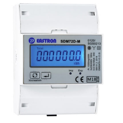 SDM72D-M-2-MID, DIN Rail Mount kWh Meter, 3 Phase, with Resettable Energy Register, 500VAC L-L, Class 1, 100 Amp Direct Connect input, w/ 1 x fixed pulse output and RS485 Comms, MID Approved. Built for EV Chargers
