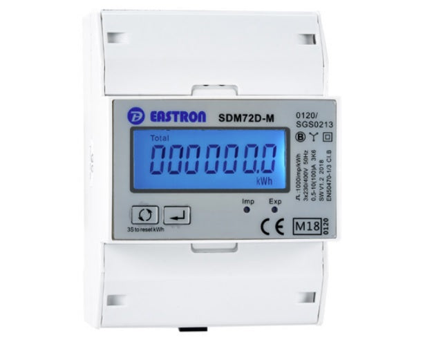 SDM72D-M-2-MID, DIN Rail Mount kWh Meter, 3 Phase, with Resettable Energy Register, 500VAC L-L, Class 1, 100 Amp Direct Connect input, w/ 1 x fixed pulse output and RS485 Comms, MID Approved. Built for EV Chargers