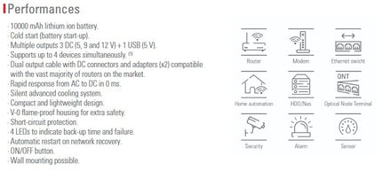SPS NET2, Miniature UPS, 230V input, 5/9/12VDC Output 18W (20W max), Lithium-Ion Battery 3/6V. 4 Hours Charging & Backuptime,