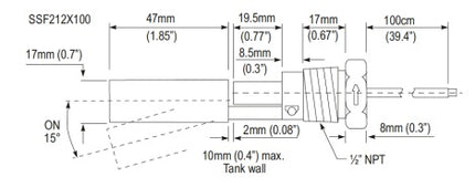 SSF212X100H, Liquid Level Sensor Switch (Single Float) SPST-NC/NO 300VAC/300VDC 500mA Output Male 1/2” (12.7mm) NPT