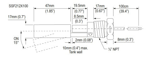 SSF212X100H, Liquid Level Sensor Switch (Single Float) SPST-NC/NO 300VAC/300VDC 500mA Output Male 1/2” (12.7mm) NPT