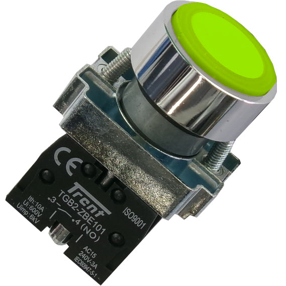 TRBM-22D-G-240, 22mm Pushbutton Momentary GREEN 240VAC, Metal, IEC60947-5-1