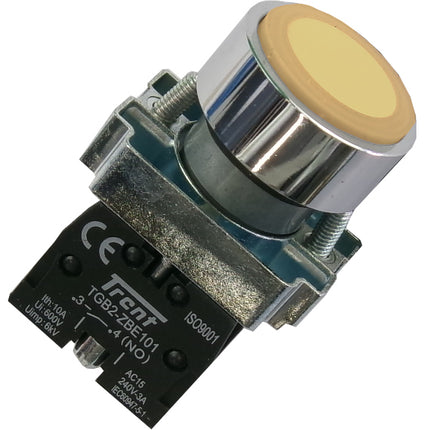 TRBM-22D-Y-240, 22mm Pushbutton Momentary AMBER 240VAC, Metal Body, IEC60947-5-1