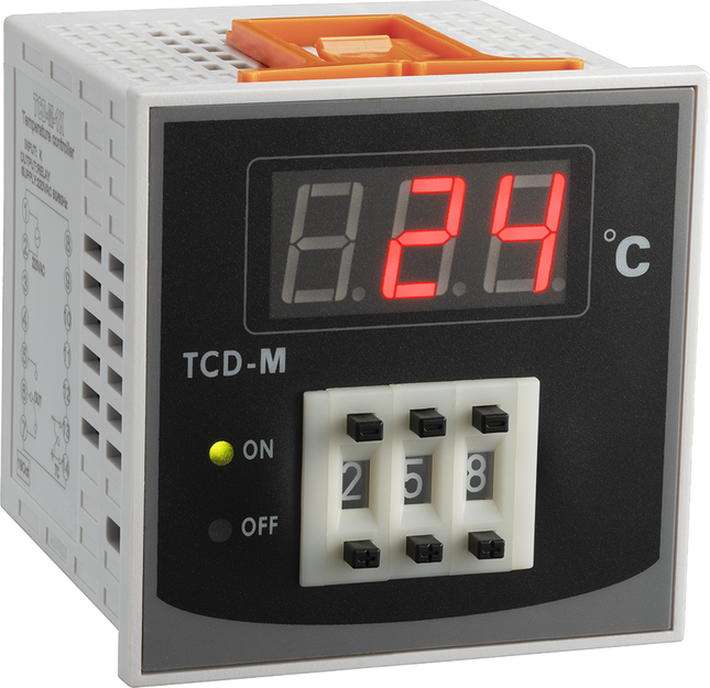 TCD-M-1-K HEATING Temp Controller, 72x72mm 230VAC, C/O Relay output, Type K Input. Encoder Control, Digital Display, 0-999 Deg C