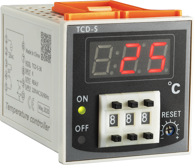 TCD-S-2-K COOLING Temp Controller, 48x48mm 230VAC, C/O Relay output, Type K Input. Encoder Control, Digital Display, 0-999 Deg C