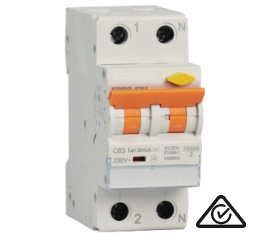 TPR-10kA-25/C/A/30mA, 2 Pole RCBO, C Curve 25 Amp, 30mA Trip, 240VAC, Type A, IP20 (IP40 Installed) AS/NZS 61009-1, RCM  (TUV-026319-EA)