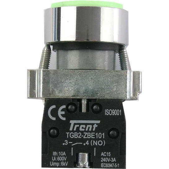 TRBM-22D-G-240, 22mm Pushbutton Momentary GREEN 240VAC, Metal, IEC60947-5-1