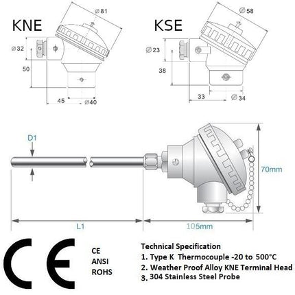 FTCS Series Type S Ceramic Thermocouple, Recrystallised Allumina 1400ºC 21x50mm Support Tube, KNE(wire entry:M20x1.5, probe entry: G1/2'') Alminium Die Cast Terminal Head, 0.35 Wire Diameter
