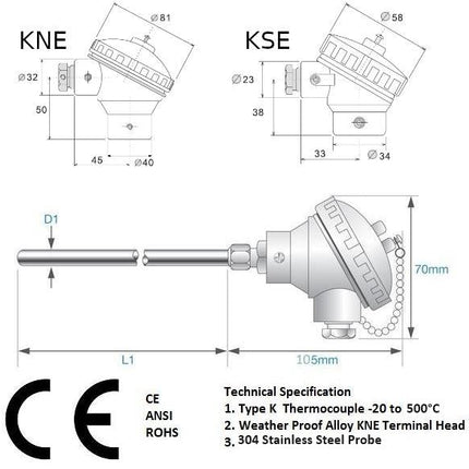 FTCK-6-50-XX-420-0-300-KNE, Type K Thermocouple MIMS Class A, 50mm Probe Length, 6mm Shaft Diameter w/ LARGE Terminal Head, -20 to 500 Deg C, KNE(wire entry:M20x1.5, probe entry: G1/2'')