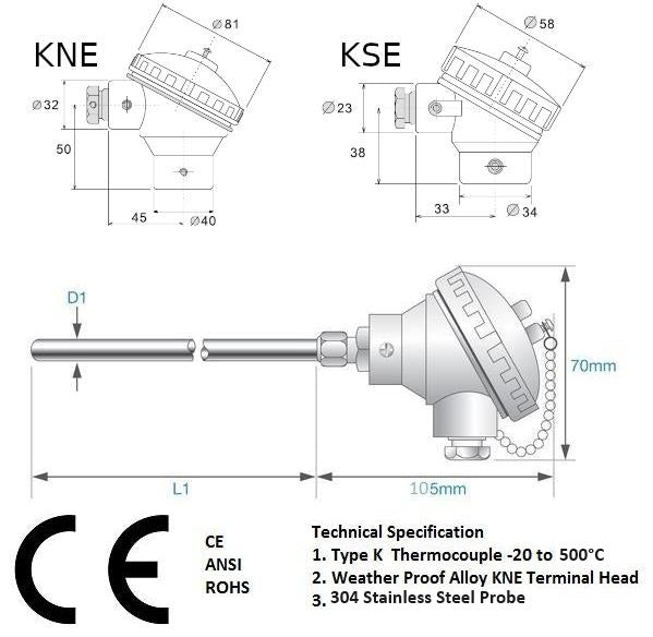 Type K Thermocouple MIMS Class A, Various Probe Lengths and Diameter w/ SMALL  Terminal Head, -20 to 500 Deg C, KSE(wire entry:M16x1.5, probe entry: G1/2'')