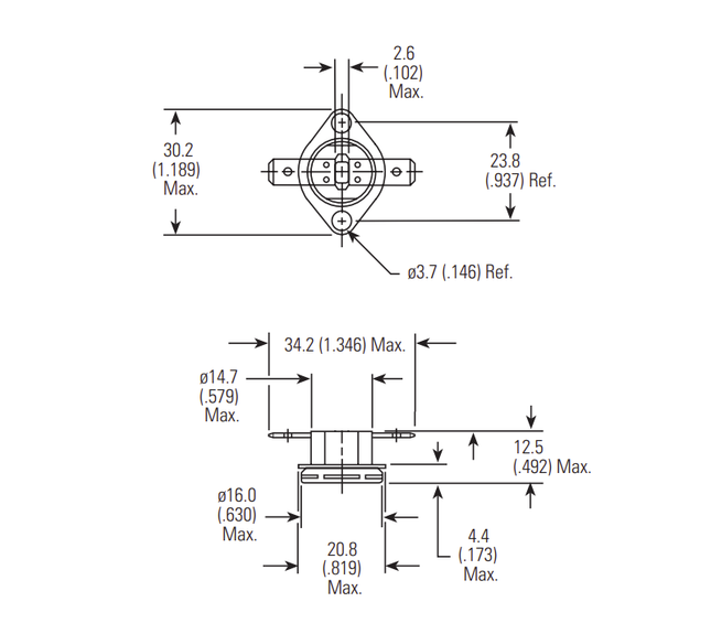 TSFNC-105, 105 Deg C,NC Thermal Switch 10 Deg C Hysteresis, +/-2% Tolerance, Flange Mount