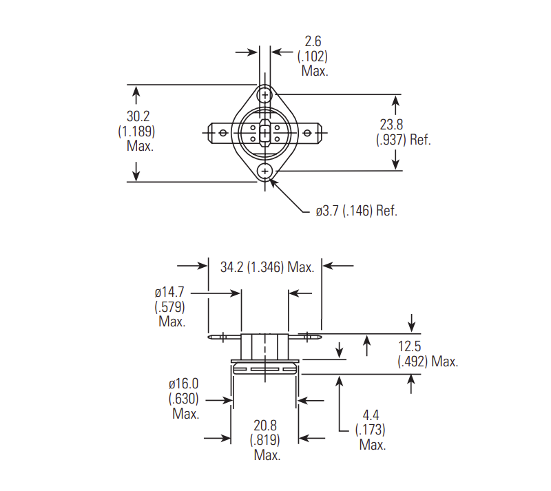 TSFNO-60, 60 Deg C, NO Thermal Switch 10 Deg C Hysteresis, +/-2% Tolerance, Flange Mount