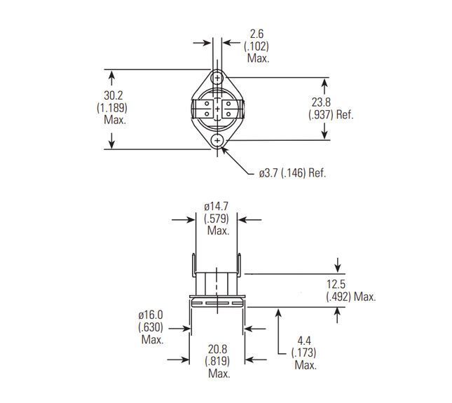 TSFNCR-155, 155 Deg C, NC Thermal Switch 10 Deg C Hysteresis, +/-2% Tolerance, Flange Mount, with 90 Degree Raised Terminals