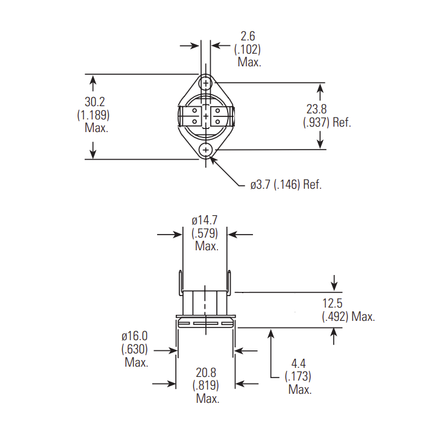 TSFNOR-110, 110 Deg C, NO Thermal Switch 10 Deg C Hysteresis, +/-2% Tolerance, Flange Mount, with 90 Deg Raised Terminals