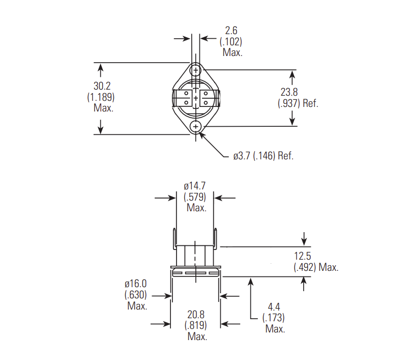 TSFNCR-145, 145 Deg C,NC Thermal Switch 10 Deg C Hysteresis, +/-2% Tolerance, Flange Mount, with 90 Deg Raised Terminals