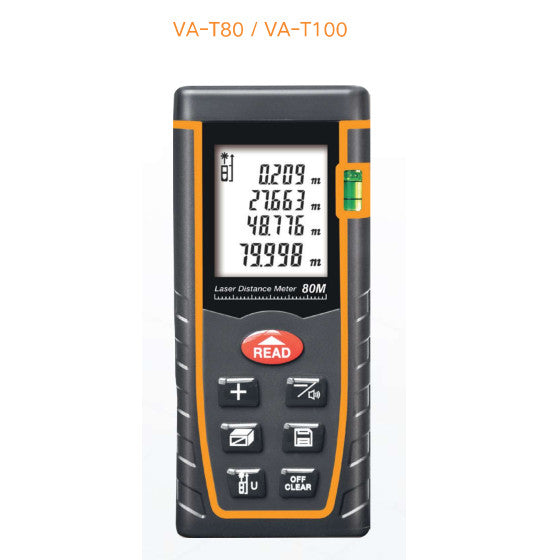 VA-T100, Laser Distance Meter. Range 0.05 - 100M, Accuracy +/-2mm, 635Nm Laser, Class 2, 30 Measurement Storage