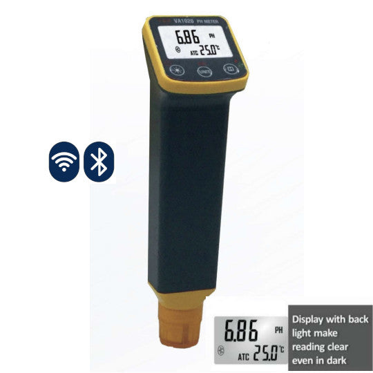 VA1020B, Liquid PH Tester & Temperature Tester Portable with Internal Sensor. Range 0-14PH, 0-50 Deg C Accuracy 0.1PH/0.5 Deg C, with Bluetooth & App