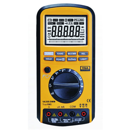 VA30, High Accuracy Multimeter, Average RMS 200uA-220mA +/-1.5%, Voltage 200mV - 1000V AC/DC (+/-0.8/0.2%), 200-220M Ohm, 22nF-220mF, 2Hz - 200kHz/10MHz, 5%-94.9% Duty, -50 to 1000 Deg C, USB/ Infra Red Interface, Free software, Carry Case