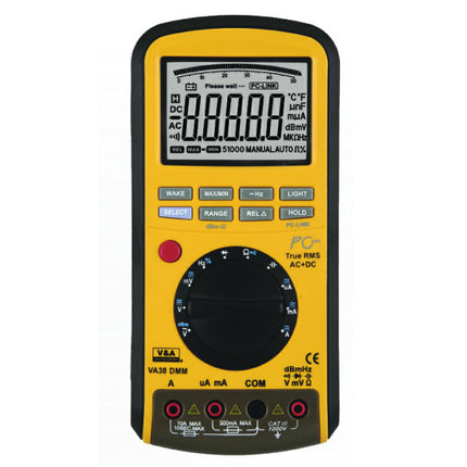 VA38, High Accuracy Multimeter (Wide Range), True RMS 500uA-10 Amp +/-1.5%, Voltage 50mV - 1000V AC/DC (+/-0.8/0.2%), 500-5MOhm, 50nF-5000uF, 5Hz - 200kHz/2MHz, 5%-95% Duty, -50 to 1000 Deg C, USB/ Infra Red Interface, Free software, Carry Case