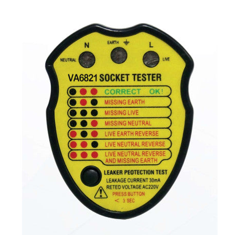 VA6821, 230VAC 50/60Hz Socket Tester, Detect Missing or Reversed: Earth, Live, Neutral, RCD Test (30mA)