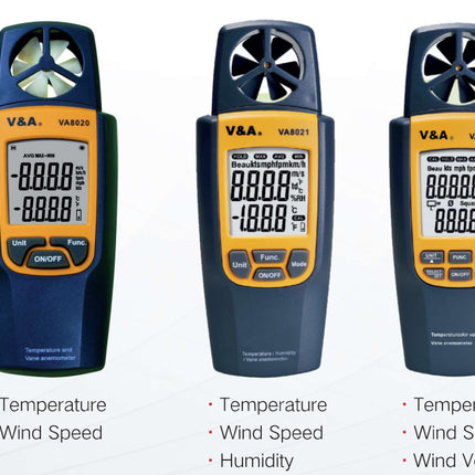 VA8020, Wind Speed (Vane Anemometer) & Temperature Tester. Range 0.4-20m/s, 80-4000 fpm +/-2% + 0.3m/s (+/- 2% + 60fpm). 0.1m/s Resolution Temperature -10 to 50 Deg C Accuracy +/-1 Deg C. Resolution 0.1 Deg C