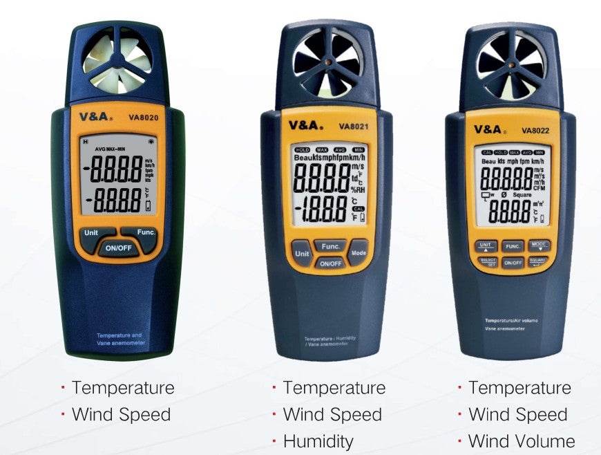 VA8020, Wind Speed (Vane Anemometer) & Temperature Tester. Range 0.4-20m/s, 80-4000 fpm +/-2% + 0.3m/s (+/- 2% + 60fpm). 0.1m/s Resolution Temperature -10 to 50 Deg C Accuracy +/-1 Deg C. Resolution 0.1 Deg C