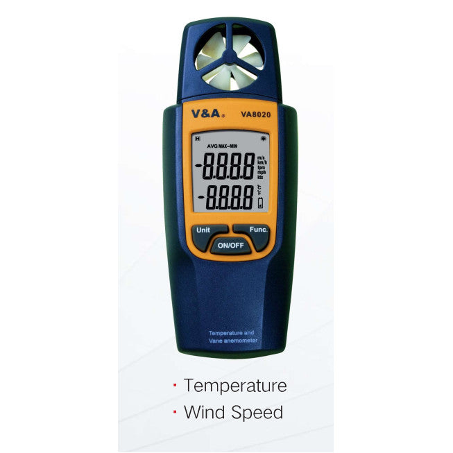 VA8020, Wind Speed (Vane Anemometer) & Temperature Tester. Range 0.4-20m/s, 80-4000 fpm +/-2% + 0.3m/s (+/- 2% + 60fpm). 0.1m/s Resolution Temperature -10 to 50 Deg C Accuracy +/-1 Deg C. Resolution 0.1 Deg C