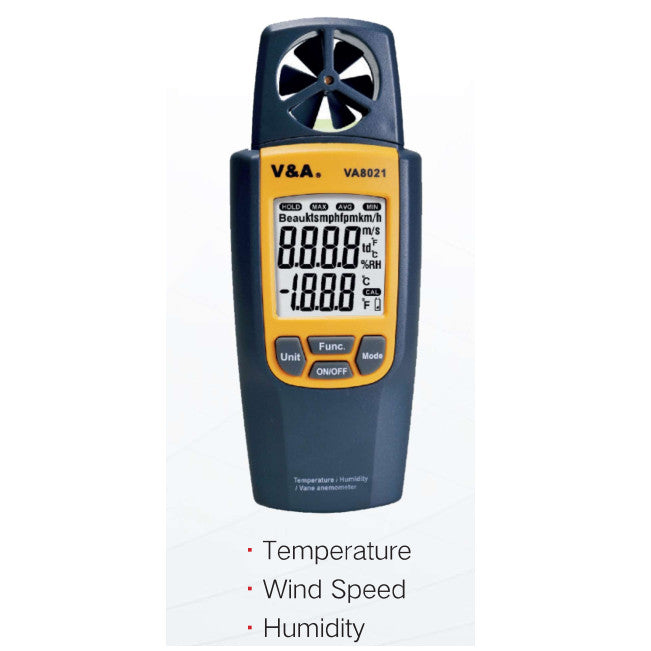 VA8021, Wind Speed (Vane Anemometer) & Temperature & Humidity Tester. Range 0.4-20m/s, 80-4000 fpm, Temperature -10 to 50 Deg C