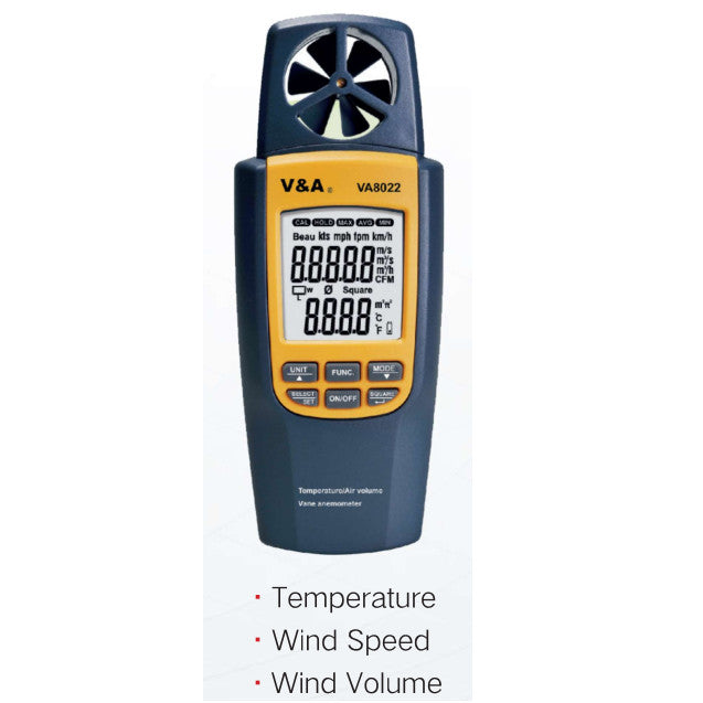 VA8022, Wind Speed (Vane Anemometer) & Temperature & Wind Volume Tester. Range 0.4-20m/s, 80-4000 fpm, Temperature -10 to 50 Deg C, Wind Volume 0-9999 m3/s Accuracy +/-3% of reading M3/s, Resolution 1m3/s