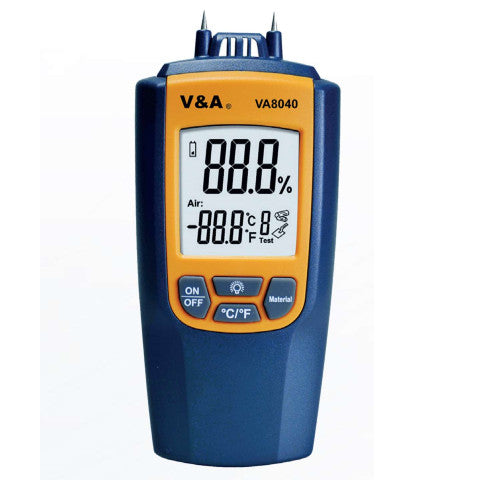 VA8040, Moisture Meter for Building Material. Range 0 to 95.7%, -10 to 50 Deg C Insert Probe Type, 121x60x30mm Suitable for 7 Materials: Hardwood, Soft Wood, Cement, Anhydrite Plane, Cement Mortar, Lime Mortar, Bricks