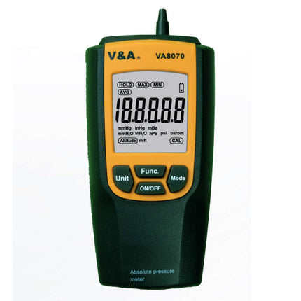 VA8070, Absolute Pressure Meter. pQA,hpa,mmH20,mmHg,inHG,inH20,psi, Range 300...1,200 hpa, 120.4...481.8 inH20, Accuracy +/-3.0hpa,+/-1.2inH20 (18-28 Deg C, RH less than 80%)