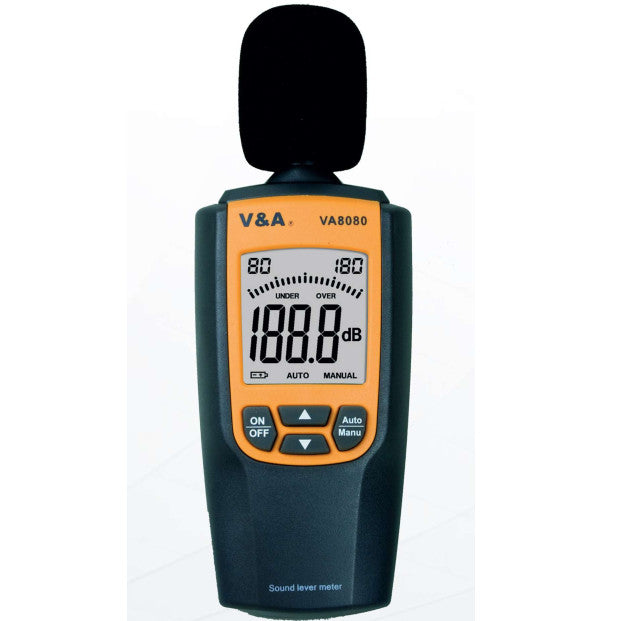 VA8080, Sound Level Meter. Range 0-60dB/50-80dB/70-100dB/90-120dB, Accuracy 1.5dB (0-94dB). Bandwidth 31.5Hz - 8kHz, Frequency Weighting A, Resolution 0.1dB, Response Time 0.25s
