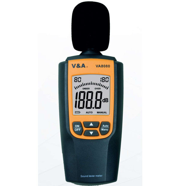 VA8080, Sound Level Meter. Range 30-80dB/70-120dB, Bandwidth 31.5Hz - 8kHz, Frequency Weighting A, Resolution 0.1dB, Response Time 0.25s