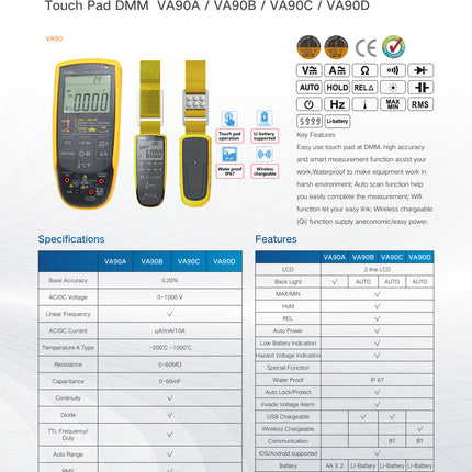 VA90B, Touch Pad Multimeter For Average RMS, 0-1000V AC/DC, Linear Frequency, AC/DC uA/mA/10A, -200 to 1000 Deg C, 0- 60 MOhm, 0-60mF, Diode Test, Continuity Test