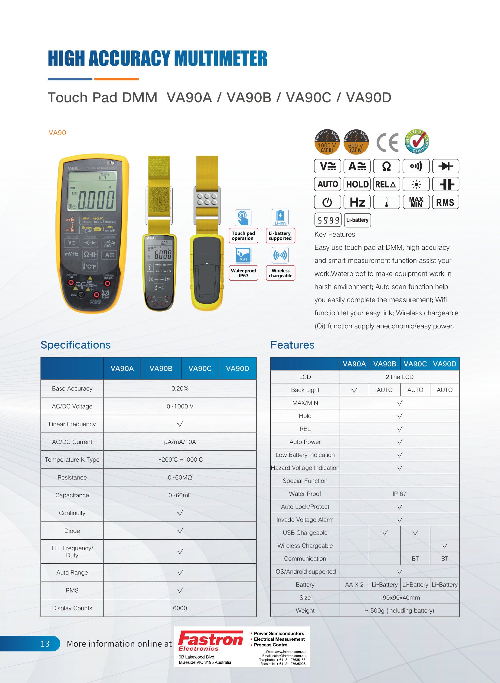 VA90B, Touch Pad Multimeter For Average RMS, 0-1000V AC/DC, Linear Frequency, AC/DC uA/mA/10A, -200 to 1000 Deg C, 0- 60 MOhm, 0-60mF, Diode Test, Continuity Test