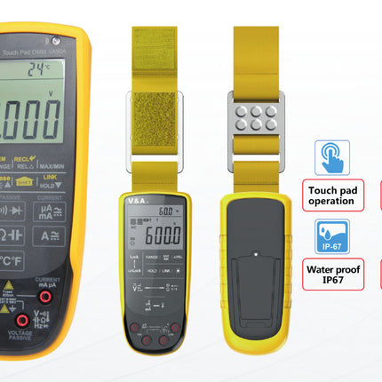 VA90B, Touch Pad Multimeter For Average RMS, 0-1000V AC/DC, Linear Frequency, AC/DC uA/mA/10A, -200 to 1000 Deg C, 0- 60 MOhm, 0-60mF, Diode Test, Continuity Test