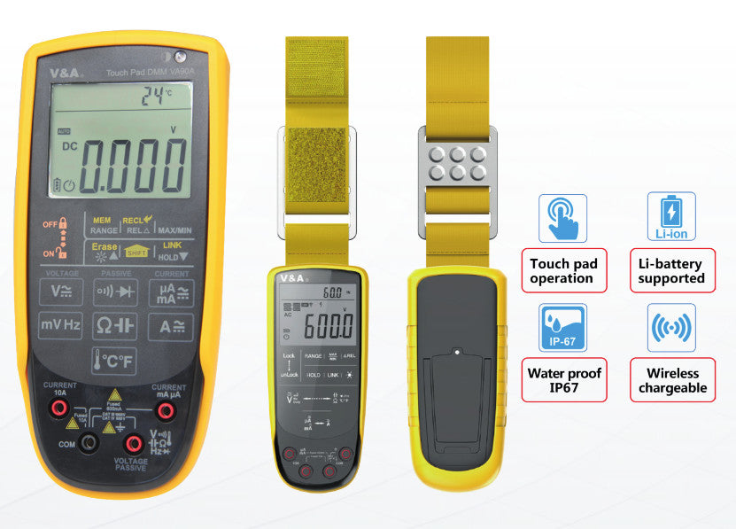 VA90B, Touch Pad Multimeter For Average RMS, 0-1000V AC/DC, Linear Frequency, AC/DC uA/mA/10A, -200 to 1000 Deg C, 0- 60 MOhm, 0-60mF, Diode Test, Continuity Test