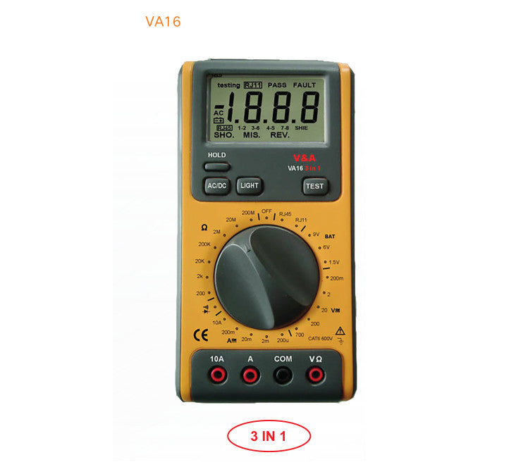 VA16, 3 In 1 Network Multimeter For Average RMS, Voltage 700V AC/DC, Current 20mA/200mA AC/DC, Resistance (400 Ohm - 40MOhm), Network/Cable test