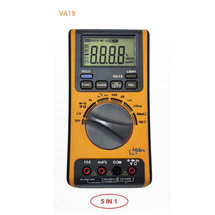 VA19, 5 in 1 Multimeter For Average RMS, 600V AC/DC Voltage, 40/400mA AC/DC Current, Temperature -20 to 1000 Deg C, Capacitance 4nF -200uF, Resistance 400 Ohm to 40Mohm, Frequency 10Hz to 100Khz, 4000Lux/40000Lux, 45-100dB
