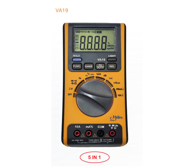 VA19, 5 in 1 Multimeter For Average RMS, 600V AC/DC Voltage, 40/400mA AC/DC Current, Temperature -20 to 1000 Deg C, Capacitance 4nF -200uF, Resistance 400 Ohm to 40Mohm, Frequency 10Hz to 100Khz, 4000Lux/40000Lux, 45-100dB