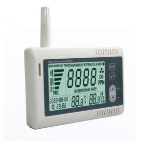 VAT810-CO2/SD, CO2 Indoor Air Quality Monitor. Desktop Mount, 5VDC Supply (1.5W). Temperature Measurement Range -20 to 50 Deg C Accuracy +/-0.5 Deg C. Humidity 0-100% +/-3%RH, CO2 300-3000ppm +/-(50ppm + 3%). With Sound and Light Alarm